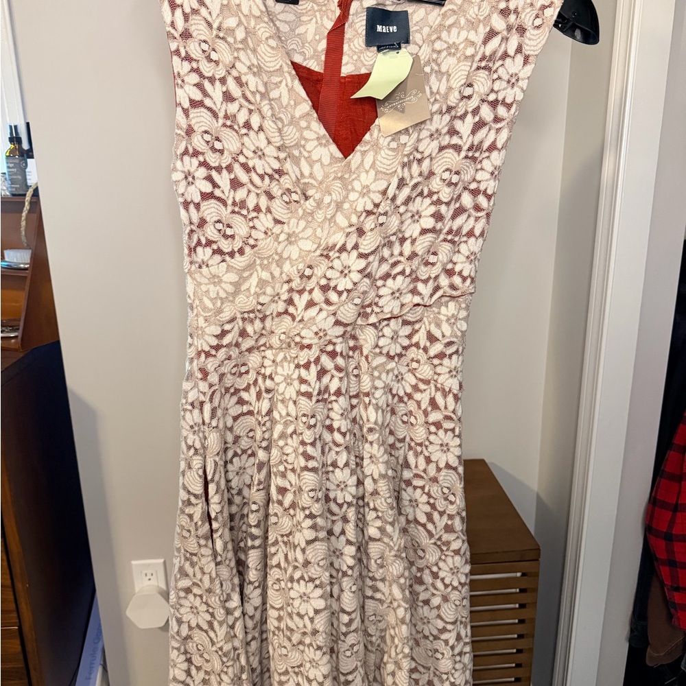 Maeve Lace V-Neck Midi Dress in Cream Over Rust
